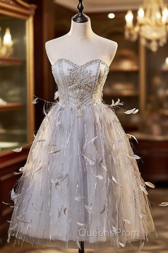 Gray Tulle Sweetheart Feather Bading Short Evening Prom Dress