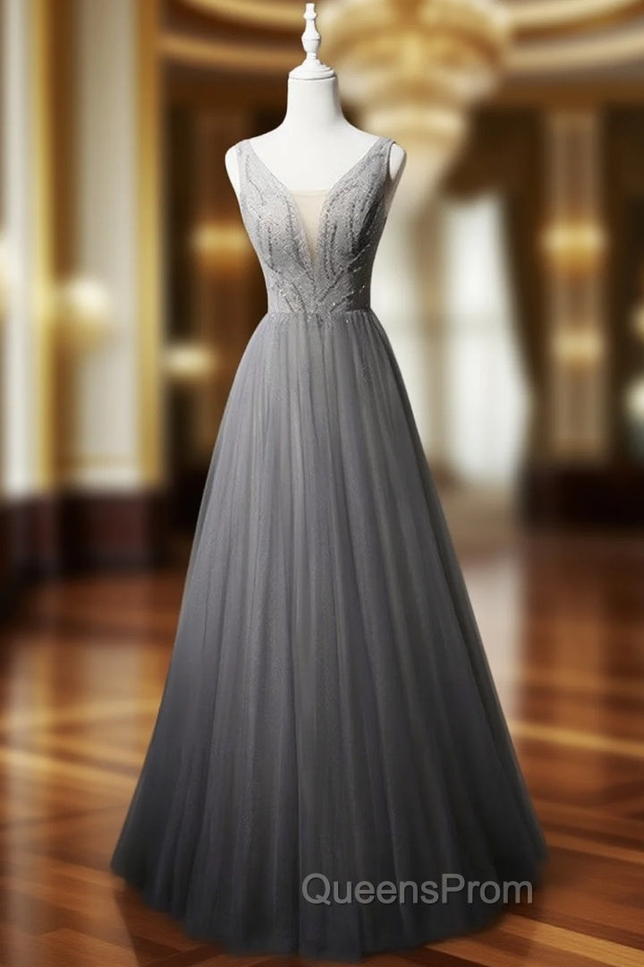 Gray Tulle V-neck Beading Evening Prom Dress Main image