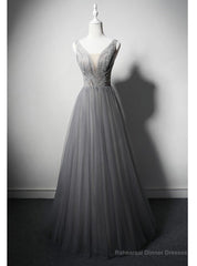 Gray Tulle V-neck Beading Prom Dress