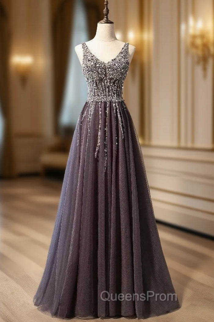 Gray Tulle V-neck Beading Sequins Evening Prom Dress