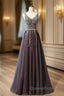 Gray Tulle V-neck Beading Sequins Evening Prom Dress