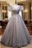 Gray Tulle V-neck Puff Sleeve Beading Evening Prom Dress