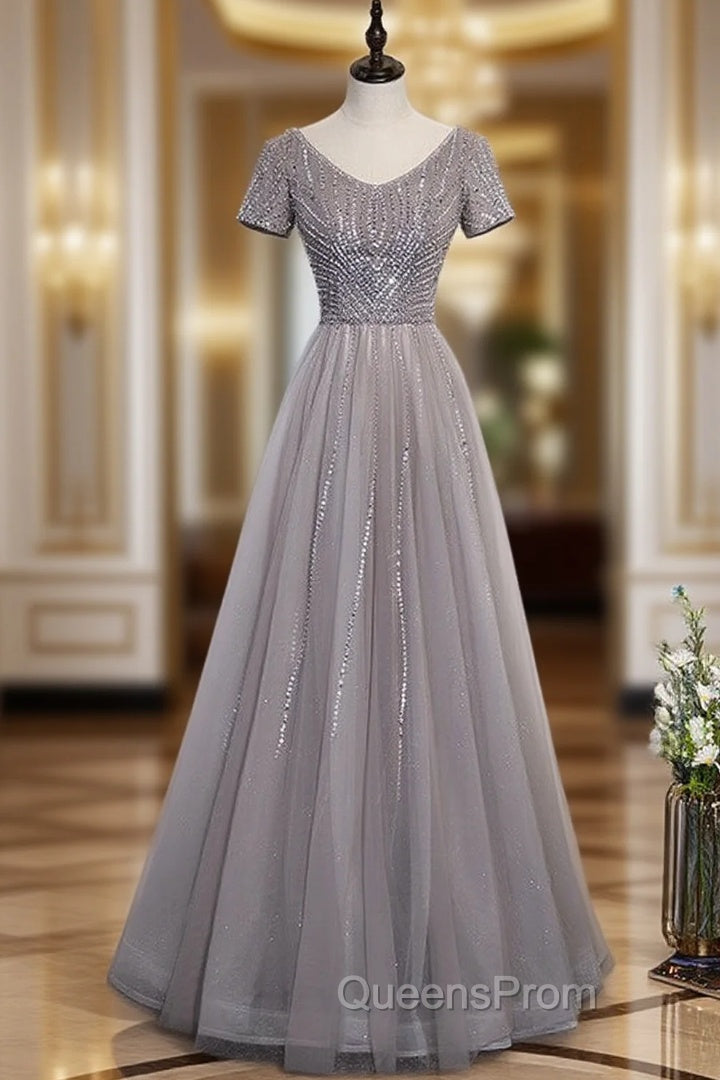 Gray Tulle V-neck Short Sleeve Beading Sequins Evening Prom Dress