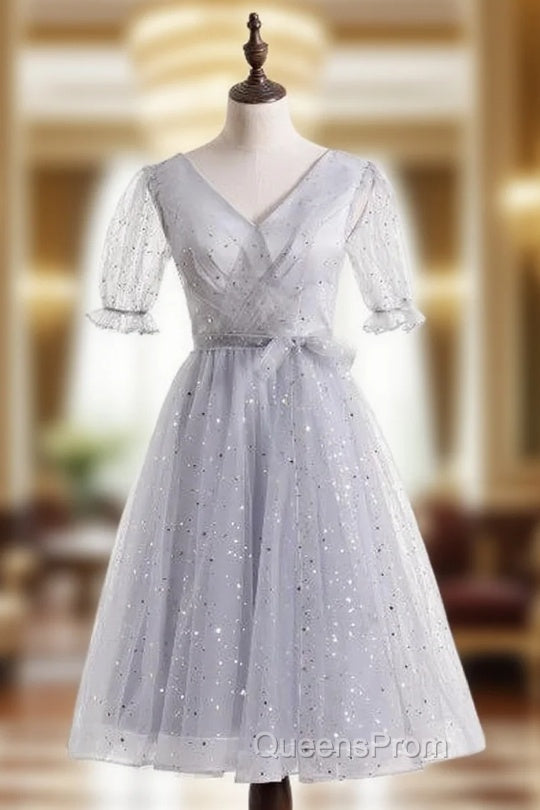 Gray Tulle V-neck Short Sleeve Evening Prom Dress Main image