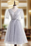 Gray Tulle V-neck Short Sleeve Evening Prom Dress