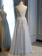 Gray Tulle with Lace Long Evening Prom Dress, A-line Floor Length Gray Evening Dress, Gray Bridesmaid Dress