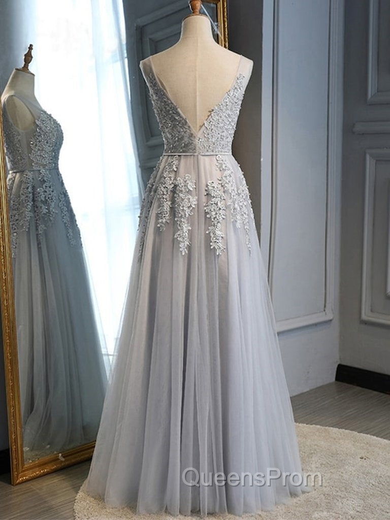Gray Tulle with Lace Long Evening Prom Dress, A-line Floor Length Gray Evening Dress, Gray Bridesmaid Dress