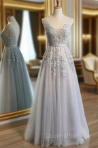 Gray Tulle with Lace Long Evening Prom Dress, A-line Floor Length Gray Evening Dress, Gray Bridesmaid Dress