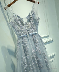 Gray V Neck Lace Tulle Long Prom Dress, Lace Evening Dress