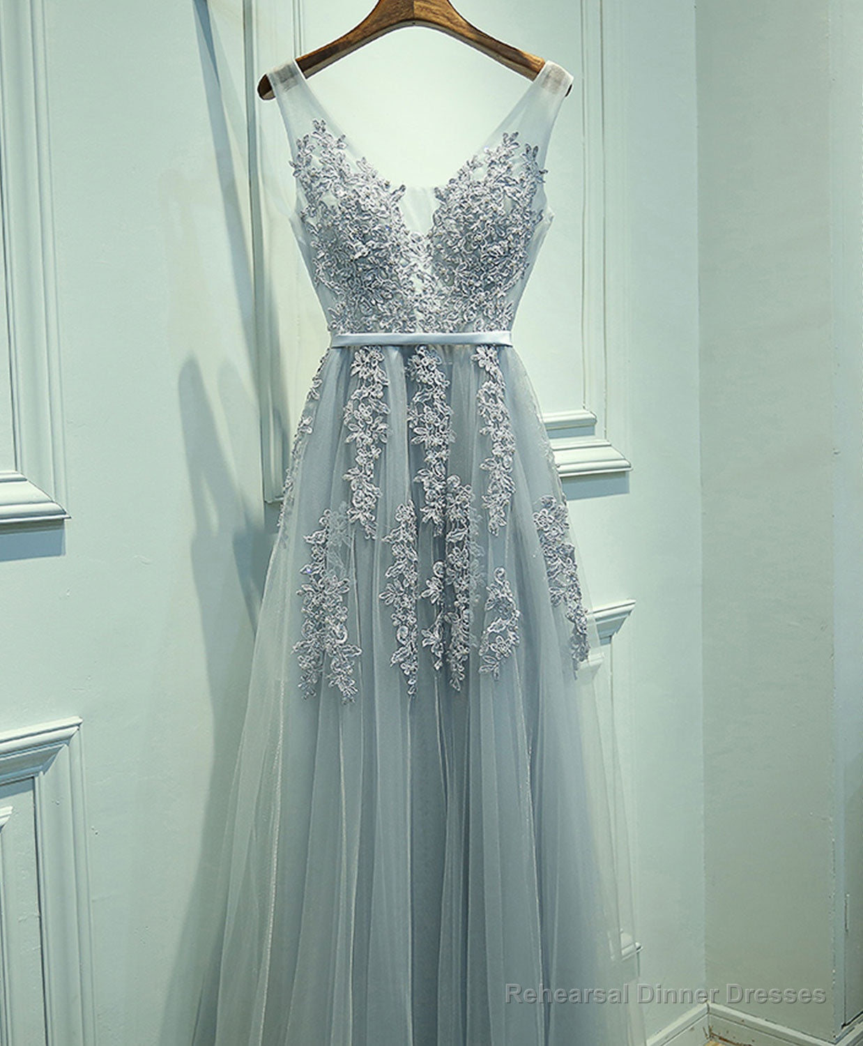 Gray V Neck Lace Tulle Long Prom Dress, Lace Evening Dress Main image
