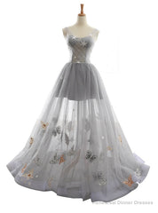 Gray V-neck Tulle Backless Butterfly Floor Length Wedding Dress