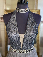 Gray v neck tulle beads long Evening Prom Dress, gray tulle formal Dress