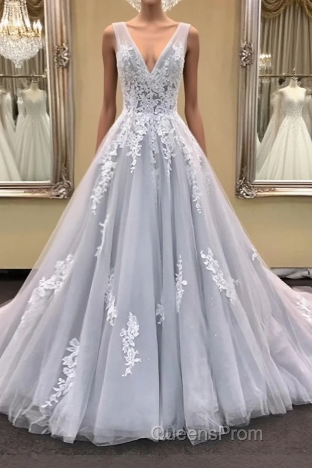 Gray v neck tulle lace applique long Evening Prom Dress, gray evening Dress Main image