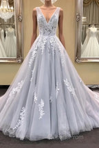 Gray v neck tulle lace applique long Evening Prom Dress, gray evening Dress