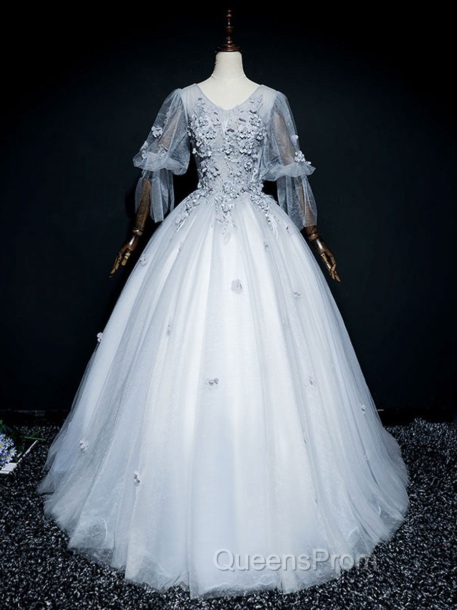 Gray V Neck Tulle Lace Long Evening Prom Dress, Gray Lace Evening Dress Secondary image