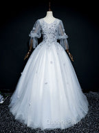Gray V Neck Tulle Lace Long Evening Prom Dress, Gray Lace Evening Dress