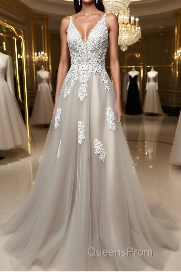 Gray v neck tulle lace long Evening Prom Dress, gray tulle evening Dress Main image