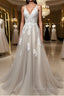 Gray v neck tulle lace long Evening Prom Dress, gray tulle evening Dress