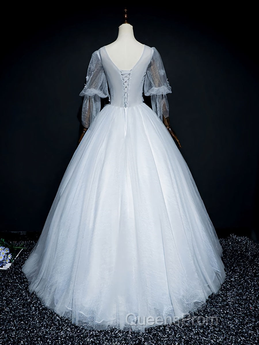 Gray v neck tulle lace long Evening Prom Dress, gray tulle lace evening Dress