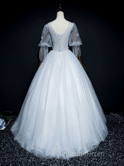 Gray v neck tulle lace long Evening Prom Dress, gray tulle lace evening Dress