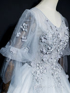 Gray v neck tulle lace long Evening Prom Dress, gray tulle lace evening Dress