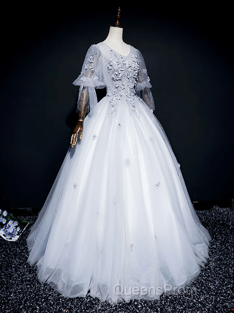 Gray v neck tulle lace long Evening Prom Dress, gray tulle lace evening Dress