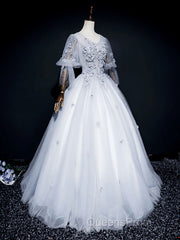 Gray v neck tulle lace long Evening Prom Dress, gray tulle lace evening Dress