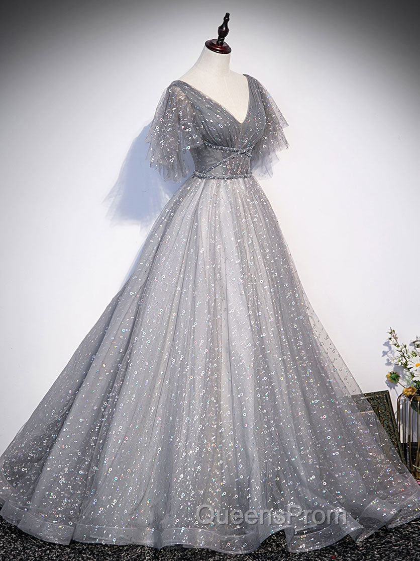 Gray V Neck Tulle Long Evening Prom Dress, Gray Tulle Sequin Evening Dress Secondary image