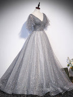 Gray V Neck Tulle Long Evening Prom Dress, Gray Tulle Sequin Evening Dress
