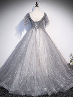 Gray V Neck Tulle Long Evening Prom Dress, Gray Tulle Sequin Evening Dress