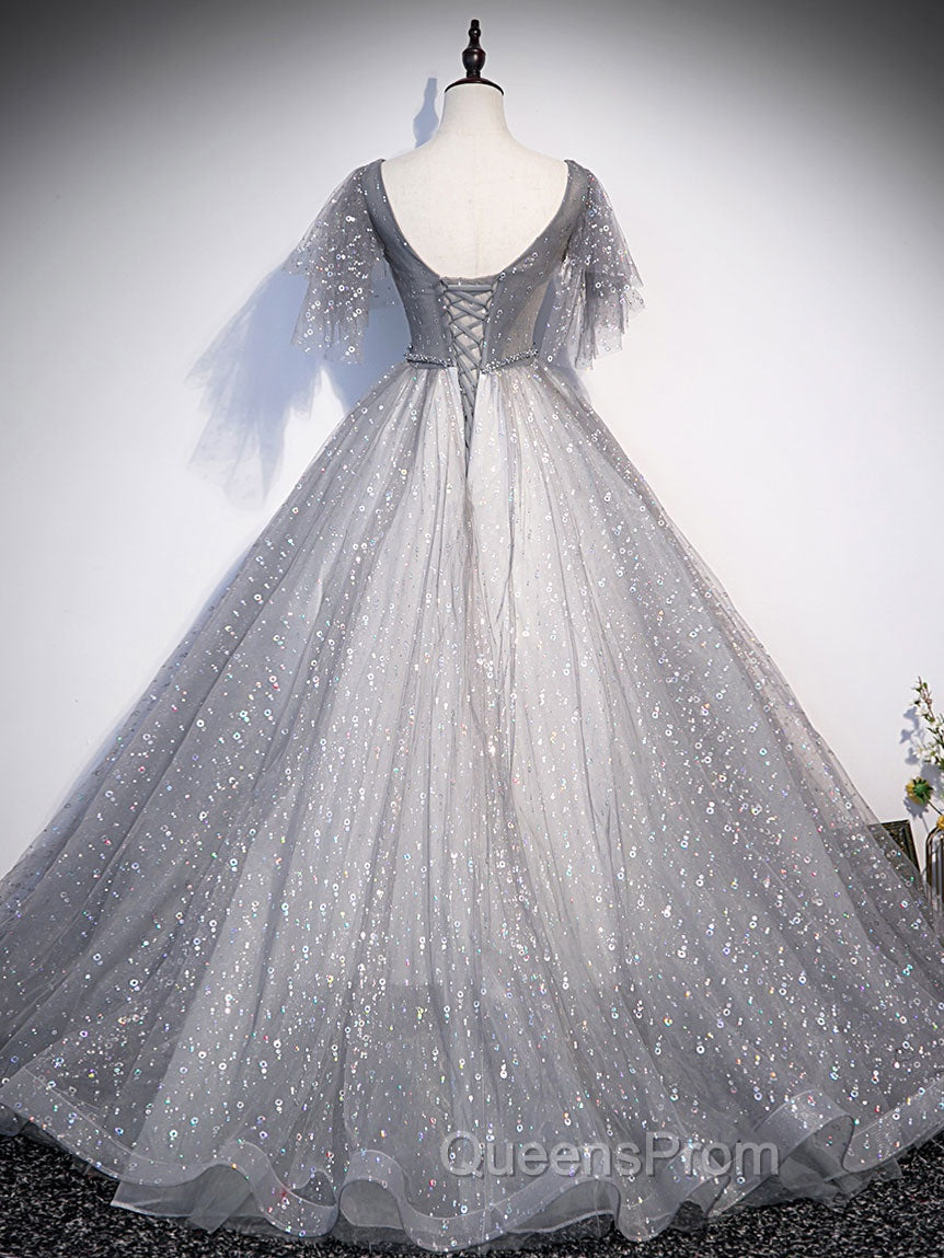Gray V Neck Tulle Long Evening Prom Dress, Gray Tulle Sequin Evening Dress