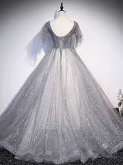 Gray V Neck Tulle Long Prom Dress, Gray Tulle Sequin Evening Dress