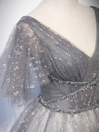 Gray V Neck Tulle Long Evening Prom Dress, Gray Tulle Sequin Evening Dress