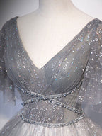 Gray V Neck Tulle Long Evening Prom Dress, Gray Tulle Sequin Evening Dress