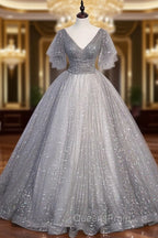 Gray V Neck Tulle Long Evening Prom Dress, Gray Tulle Sequin Evening Dress