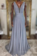 Gray v neck tulle sequin long Evening Prom Dress, gray evening Dress