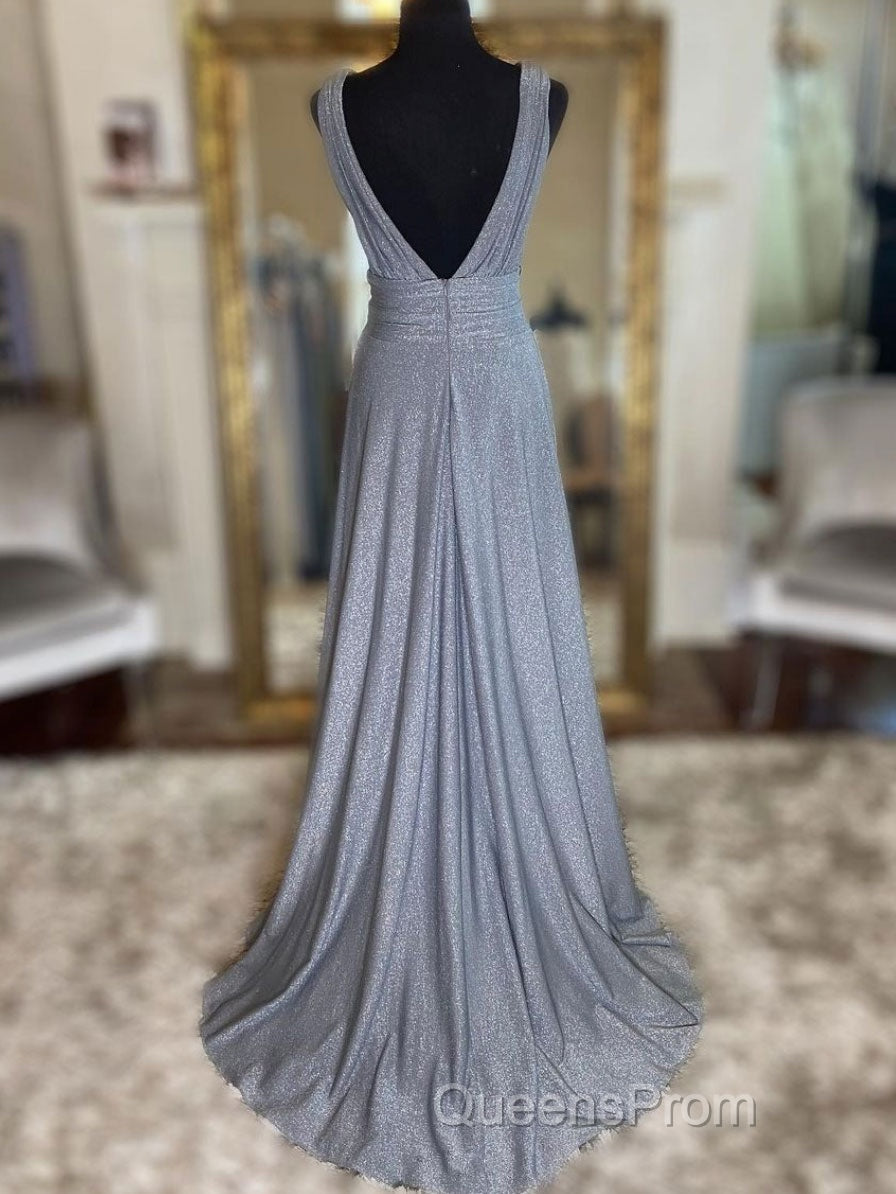 Gray v neck tulle sequin long Evening Prom Dress, gray evening Dress Secondary image
