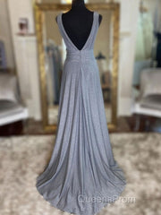 Gray v neck tulle sequin long Evening Prom Dress, gray evening Dress