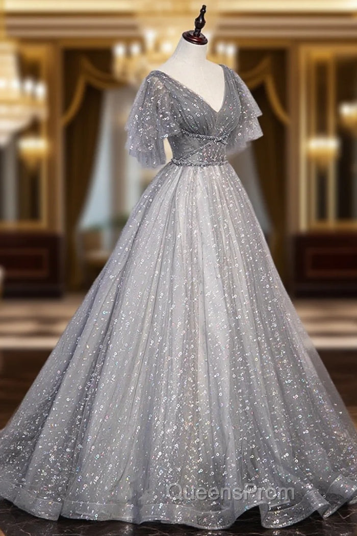 Gray V-Neck Tulle Sequins Long Evening Prom Dress, A-Line Short Sleeve Evening Dress