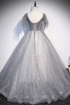 Gray V-Neck Tulle Sequins Long Evening Prom Dress, A-Line Short Sleeve Evening Dress