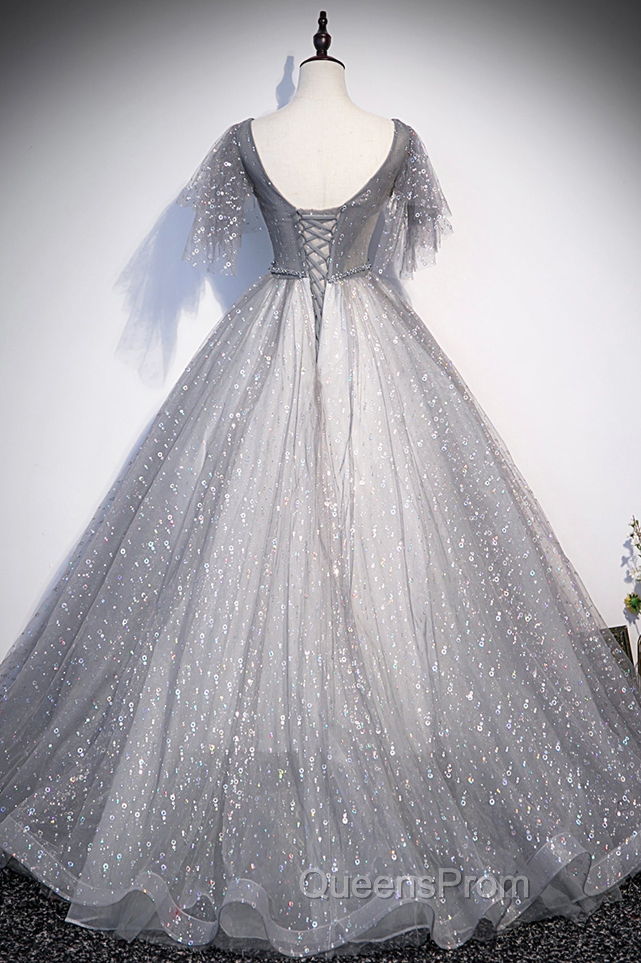 Gray V-Neck Tulle Sequins Long Evening Prom Dress, A-Line Short Sleeve Evening Dress