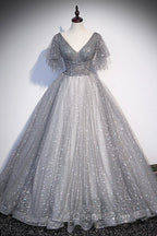 Gray V-Neck Tulle Sequins Long Evening Prom Dress, A-Line Short Sleeve Evening Dress