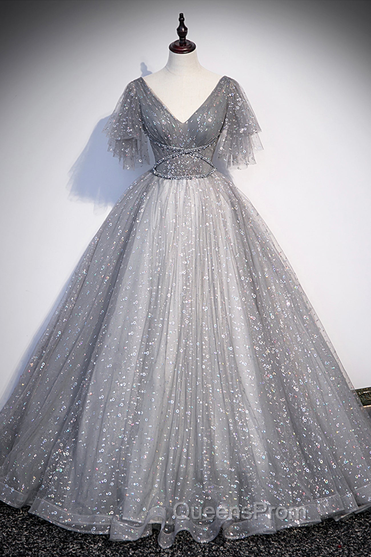 Gray V-Neck Tulle Sequins Long Evening Prom Dress, A-Line Short Sleeve Evening Dress