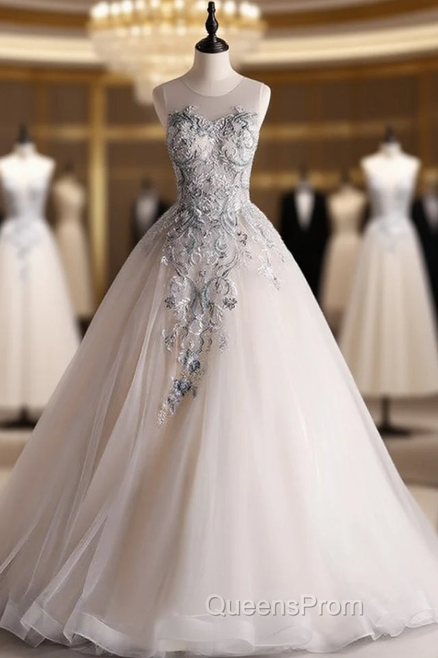 Gray White Tulle Appliques Beading Backless Quinceanera Dress Main image