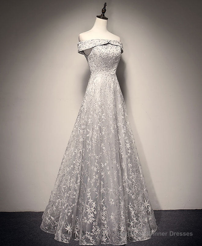 Gray White Tulle Lace Long Prom Dress Tulle Lace Formal Dress Main image