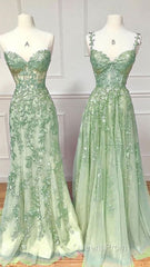 Green A Line Applique Mermaid Lace Long Evening Prom Dress