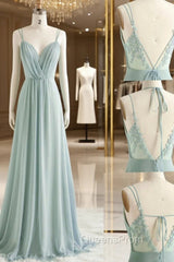 Green A line Chiffon Lace Long Evening Prom Dress, Lace Bridesmaid Dress