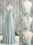 Green A line Chiffon Lace Long Evening Prom Dress, Lace Bridesmaid Dress