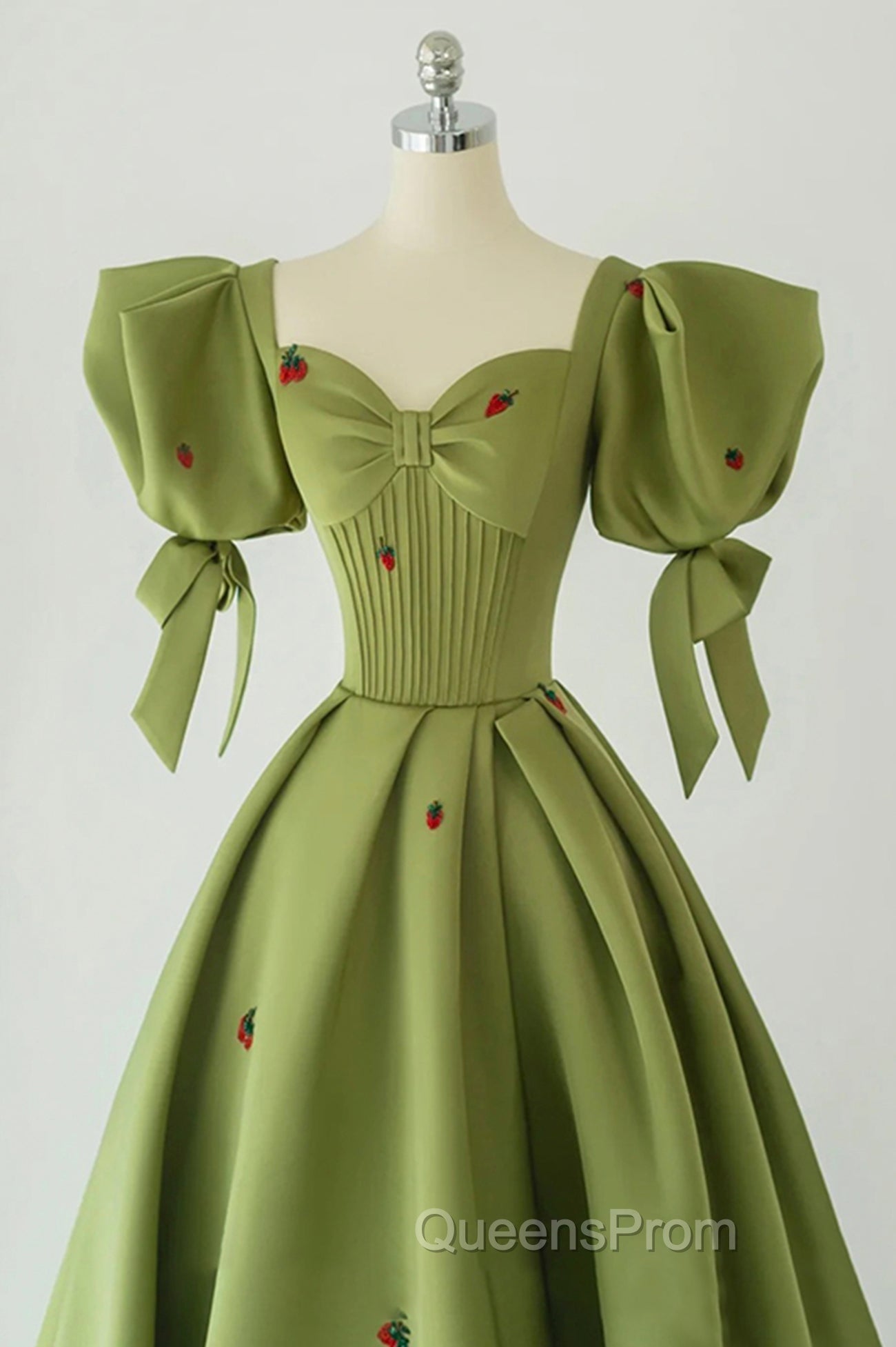 Green A-Line Long Evening Prom Dress Strawberry Lace, Lovely Short Sleeve Evening Dress Secondary image