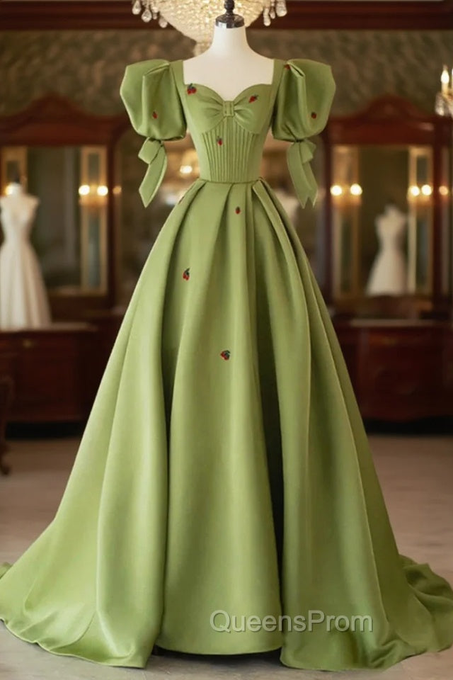 Green A-Line Long Evening Prom Dress Strawberry Lace, Lovely Short Sleeve Evening Dress Main image